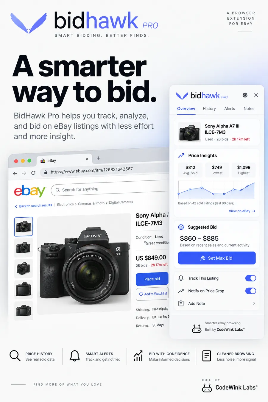 BidHawk Pro, a browser extension for eBay by CodeWink Labs: price history, alerts, and a suggested bid